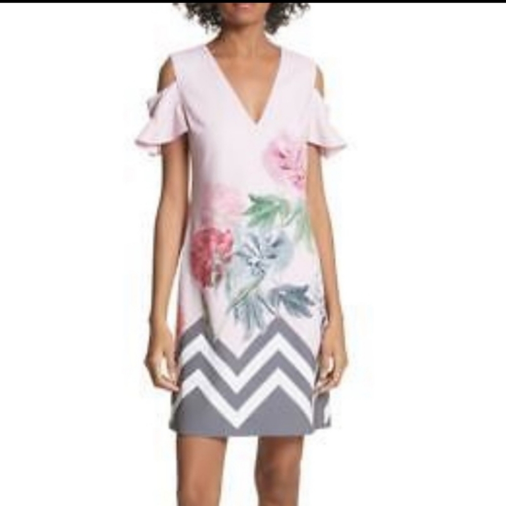 Ted Baker Palace Gardens Cut Out Cold Shoulder Floral Tunic Dress Size 8